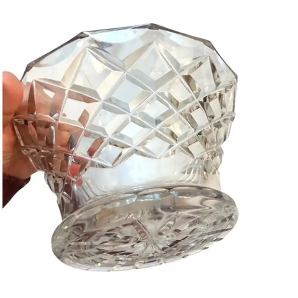 Vintage Heavy Cut Crystal Bowl Diamond Lattice Starburst Base Bohemian Style 8